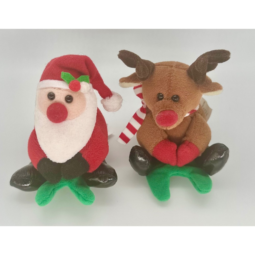 Jerry Elsner Santa & Reindeer Rocking Christmas Plush 4" Pair Pull String Tested